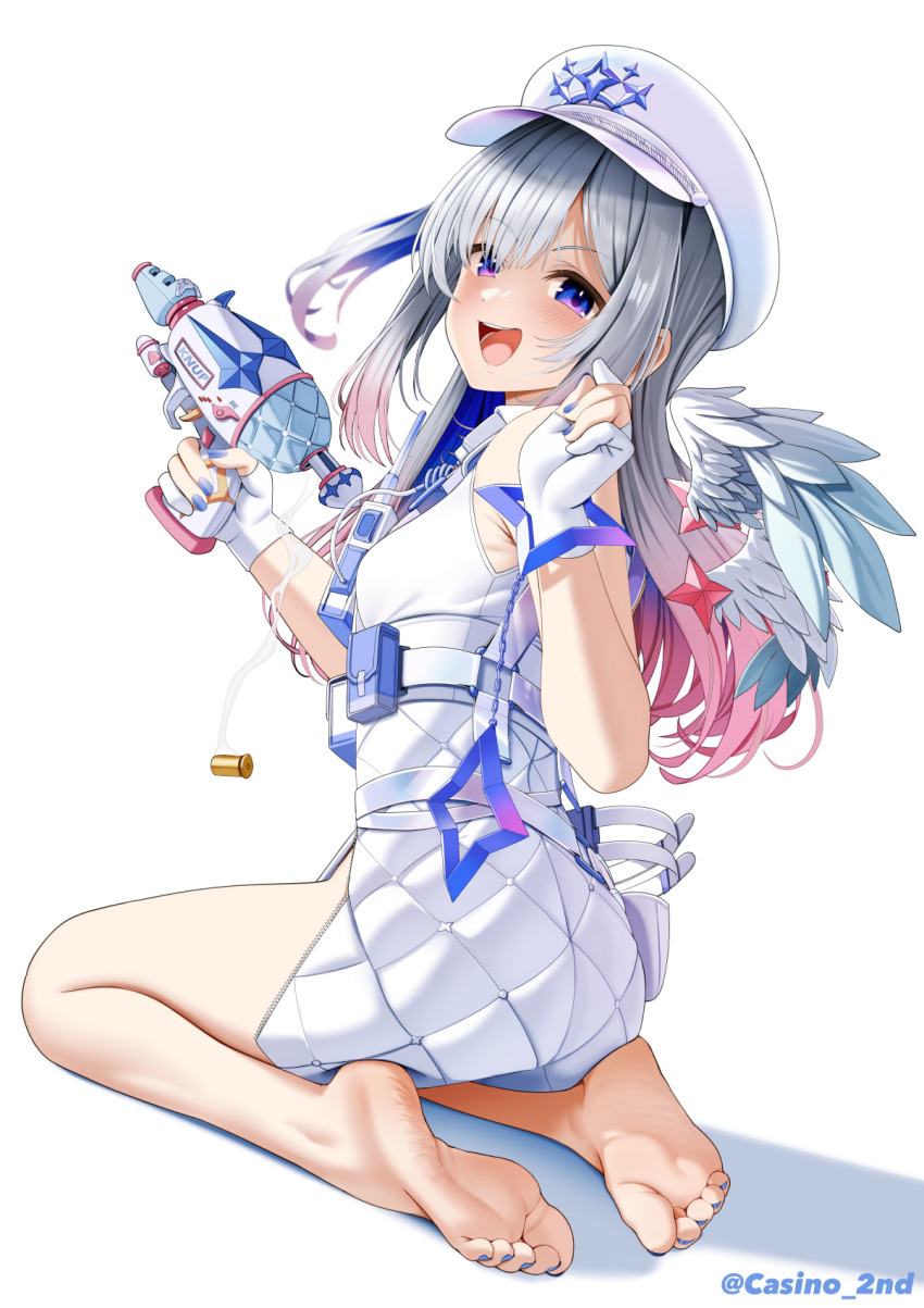 1girl, :d, amane_kanata, amane_kanata_(heavenly_guard_mission), angel_wings, barefoot, belt_pouch, blue_hair, blue_nails, blue_wings, casino_(casinoep), collared_dress, colored_inner_hair, commentary_request, double-parted_bangs, dress, feathered_wings, feet, full_body, gloves, gradient_wings, grey_hair, gun, hair_over_one_eye, hat, highres, holding, holding_gun, holding_weapon, hololive, long_hair, looking_at_viewer, mini_wings, multicolored_hair, multicolored_wings, nail_polish, official_alternate_costume, official_alternate_hairstyle, one_side_up, open_mouth, paid_reward_available, partially_fingerless_gloves, peaked_cap, pink_hair, pouch, purple_eyes, quilted_clothes, shell_casing, short_dress, side_slit, sidelocks, simple_background, sitting, sleeveless, sleeveless_dress, smile, soles, solo, toenail_polish, toenails, toes, virtual_youtuber, walkie-talkie, weapon, white_background, white_dress, white_gloves, white_hat, white_wings, wings