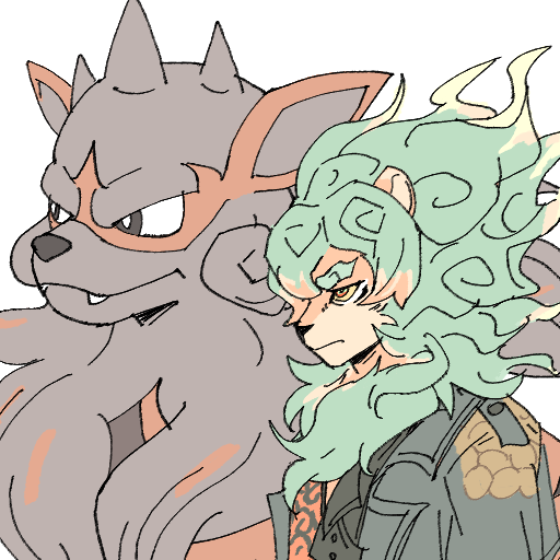 1boy, 1other, chiwawaluver, closed_mouth, dislyte, fangs, fangs_out, fu_shi_(suan_ni)_(dislyte), furry, furry_male, hisuian_arcanine, nintendo, pokemon, pokemon_(creature), profile, upper_body, white_background