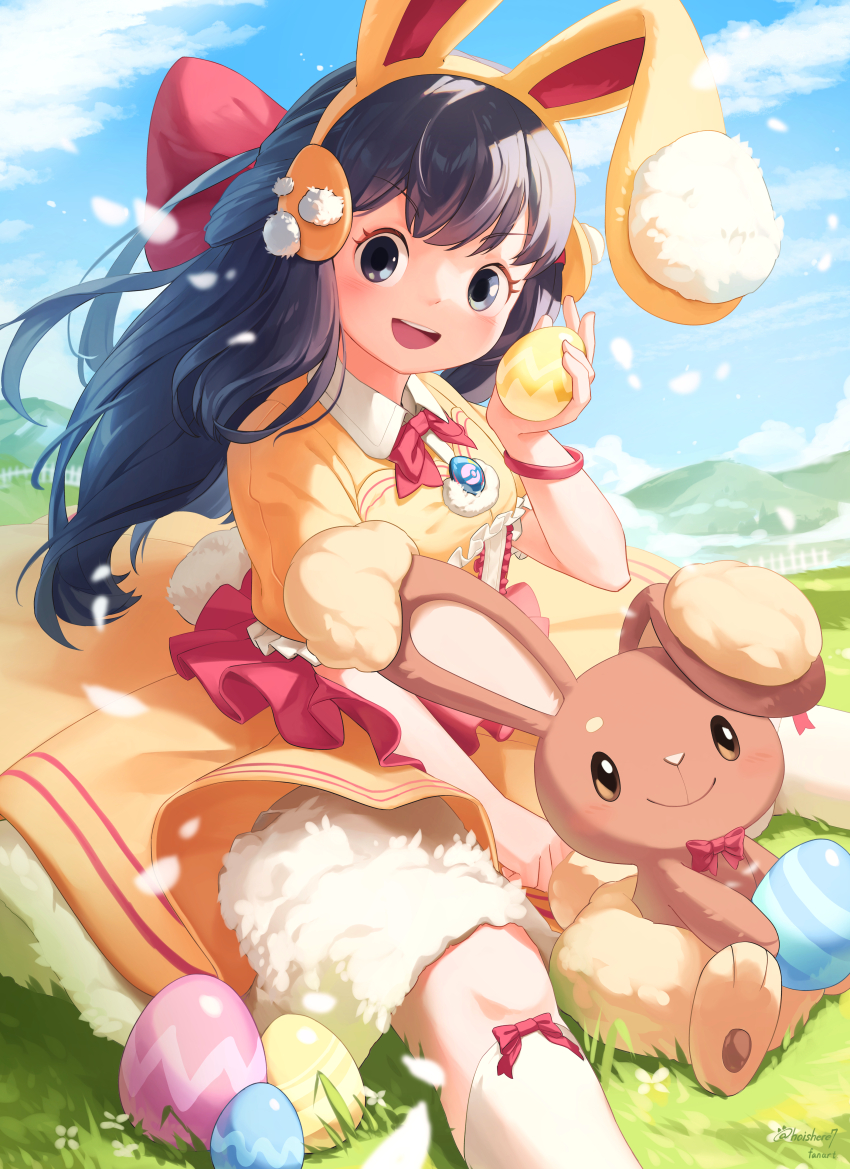 1girl, :d, absurdres, alternate_costume, animal_ears, black_hair, bow, bracelet