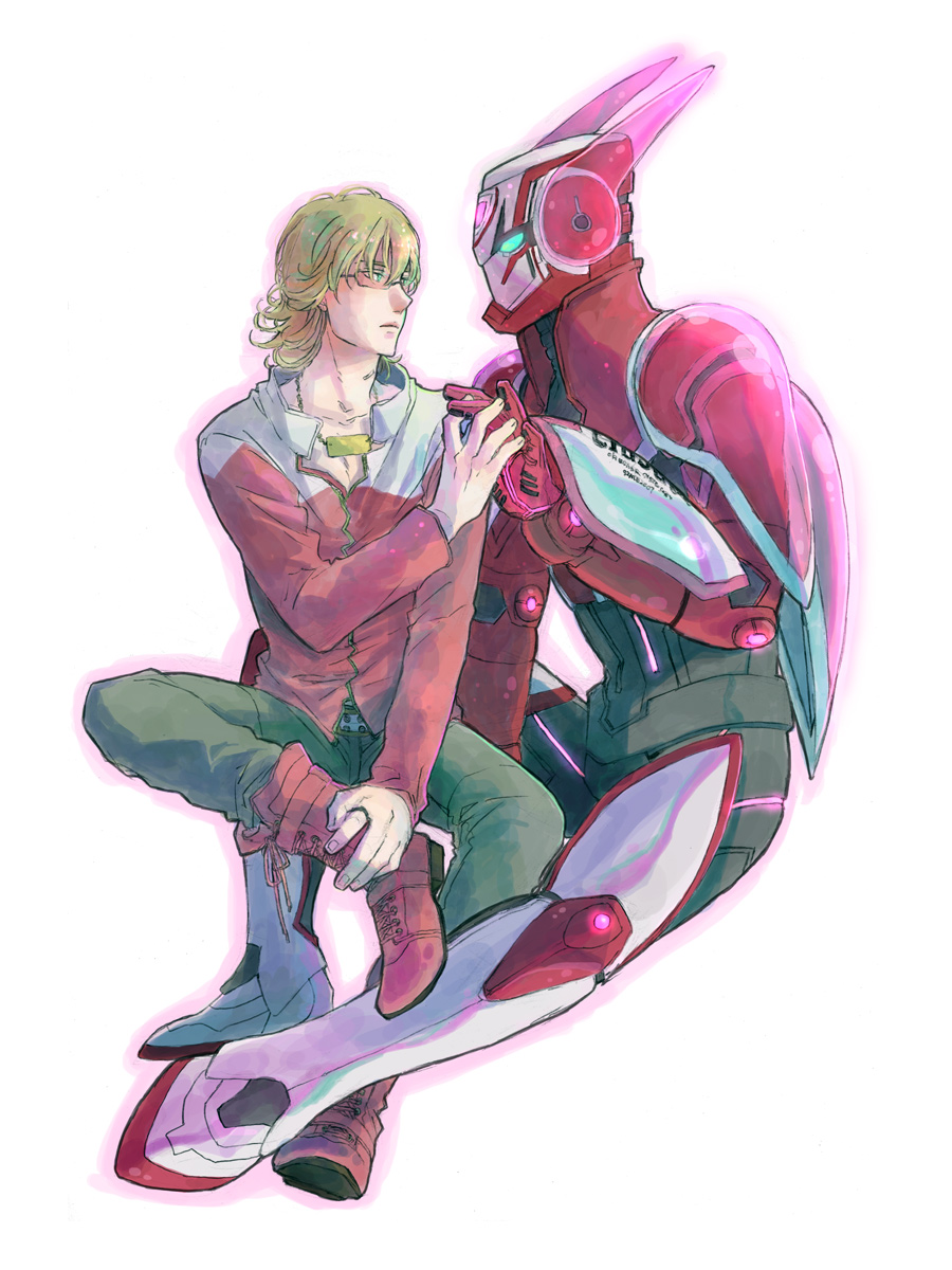 10s, 1boy, armor, barnaby_brooks_jr., belt, blonde_hair, boots, dual_persona