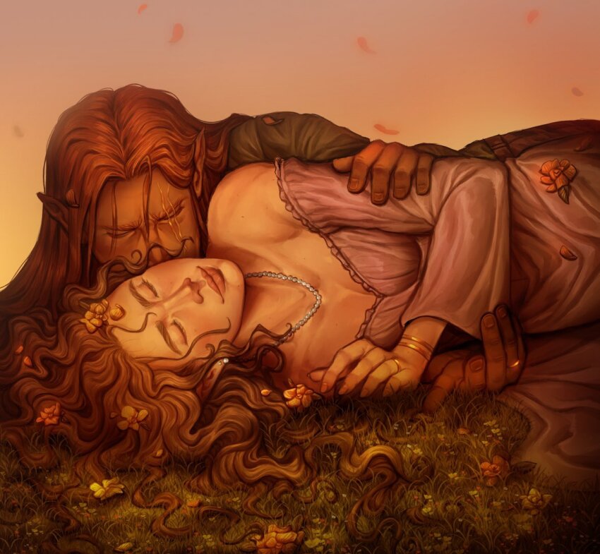 1boy, 1girl, a_court_of_thorns_and_roses_(series), bare_shoulders, breasts, brown_hair, cleavage, closed_eyes, commentary, commission, couple, dress, elain_archeron, english_commentary, flower, grass, hair_flower, hair_ornament, imlouise_art, jewelry, kiss, kissing_cheek, light_smile, long_hair, lucien_vanserra, lying, necklace, on_ground, on_side, pearl_necklace, pink_dress, pointy_ears, red_hair, small_breasts, smile, warm_colored