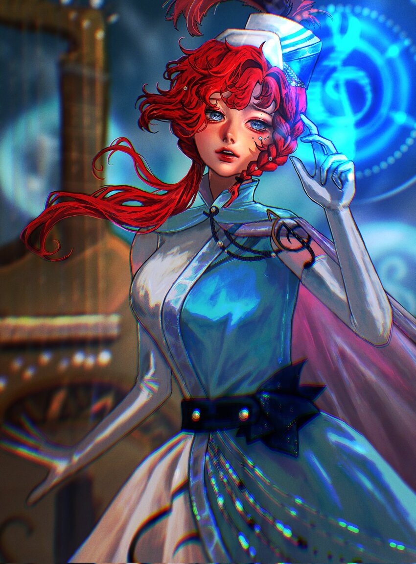 1girl, barcarola_(as_the_sea_breeze_leads)_(reverse:1999), barcarola_(reverse:1999), blue_background, blue_dress, blue_eyes, blurry, blurry_background