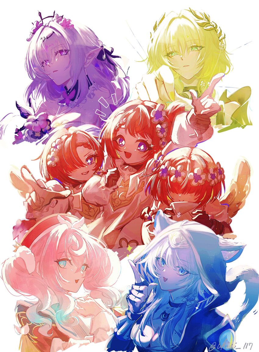 6+girls, absurdres, aglaea_(honkai:_star_rail), angel_wings, animal_ears, animal_hood, aqua_eyes, aqua_hair, black_tiara, blonde_hair, blue_eyes, breasts, castorice_(honkai:_star_rail), cat_ears, cat_hood, cat_tail, cipher_(honkai:_star_rail), cleavage, commentary_request, cropped_torso, cross-shaped_pupils, dress, flower, green_eyes, grey_hair, hair_flower, hair_ornament, head_wreath, highres, honkai:_star_rail, honkai_(series), hood, hyacine_(honkai:_star_rail), laurel_crown, long_hair, medium_breasts, mole, mole_on_breast, multicolored_hair, multiple_girls, pink_hair, pointy_ears, purple_eyes, purple_hair, red_hair, short_hair, symbol-shaped_pupils, tail, tiara, trianne_(honkai:_star_rail), tribbie_(honkai:_star_rail), trinnon_(honkai:_star_rail), twintails, twitter_username, two-tone_hair, ukisi, white_background, white_dress, wings