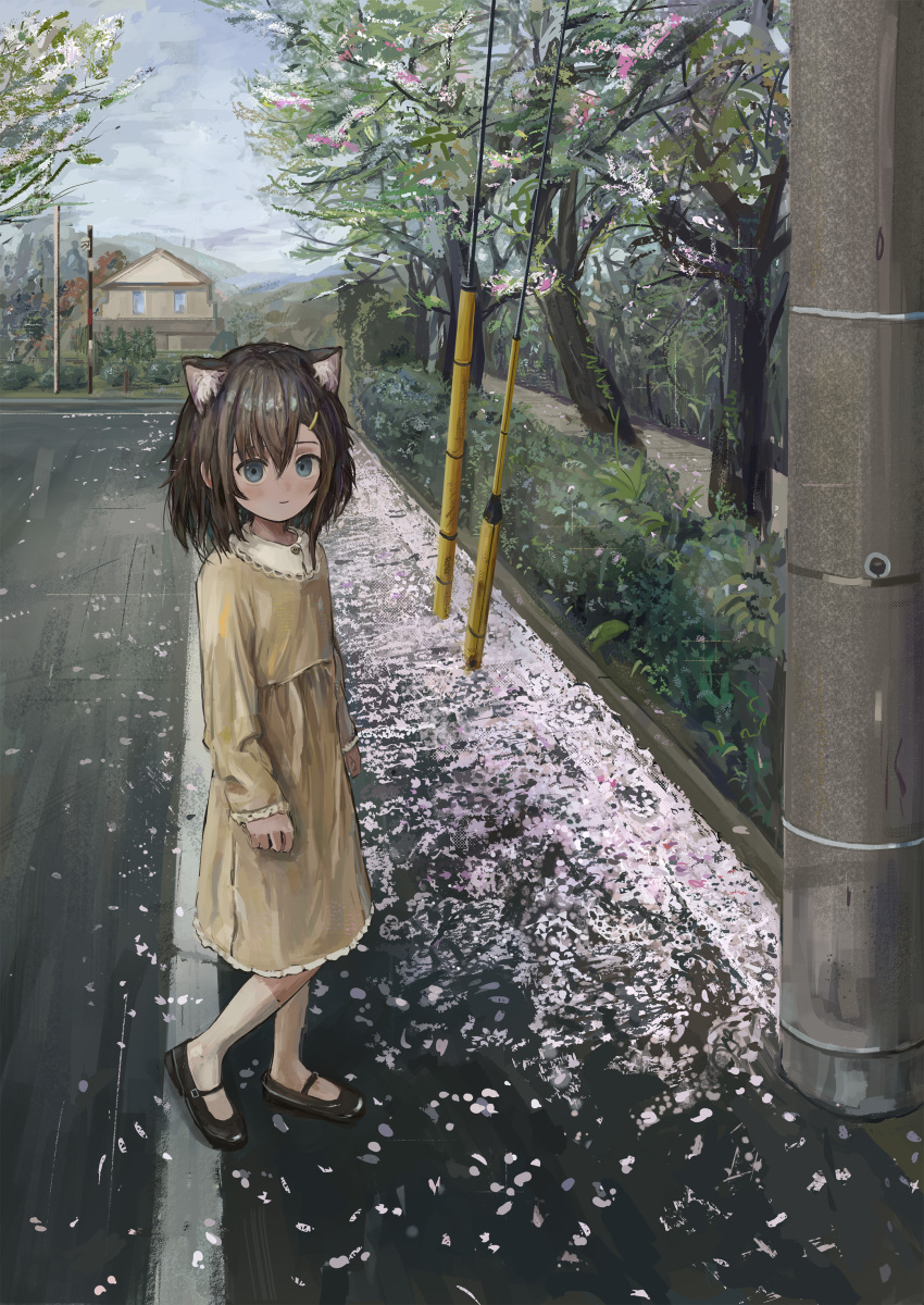 1girl, absurdres, animal_ear_fluff, animal_ears, arms_at_sides, black_shoes, blue_eyes, brown_hair