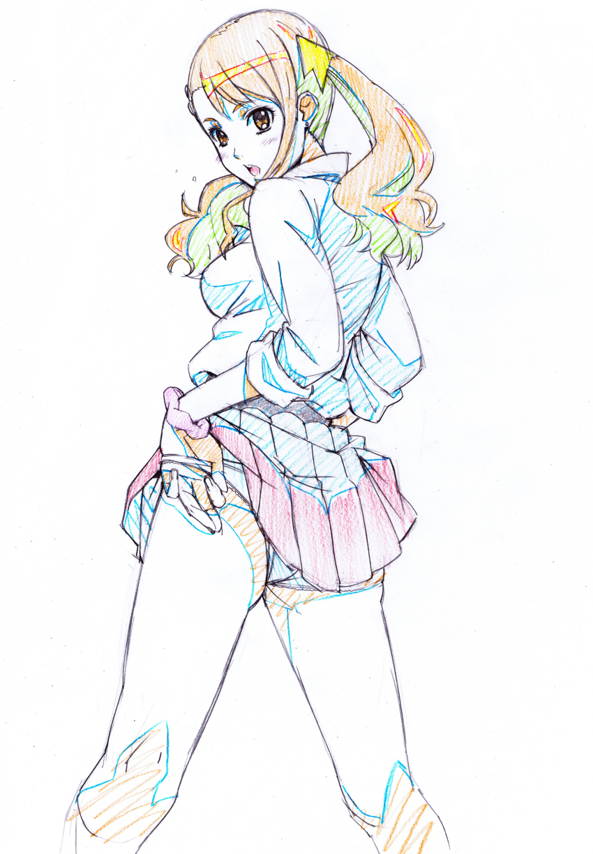 10s, 1girl, anjou_naruko, ano_hi_mita_hana_no_namae_wo_bokutachi_wa_mada_shiranai., bad_id, bad_pixiv_id, brown_hair, clothes_lift