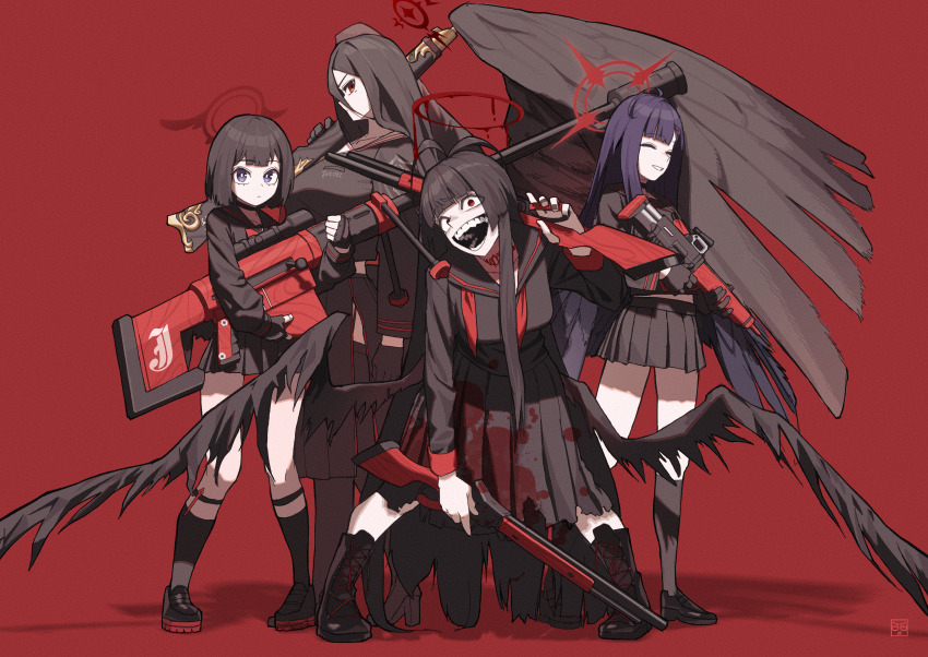 4girls, absurdres, antenna_hair, anti-materiel_rifle, armband, black_choker, black_gloves, black_hair