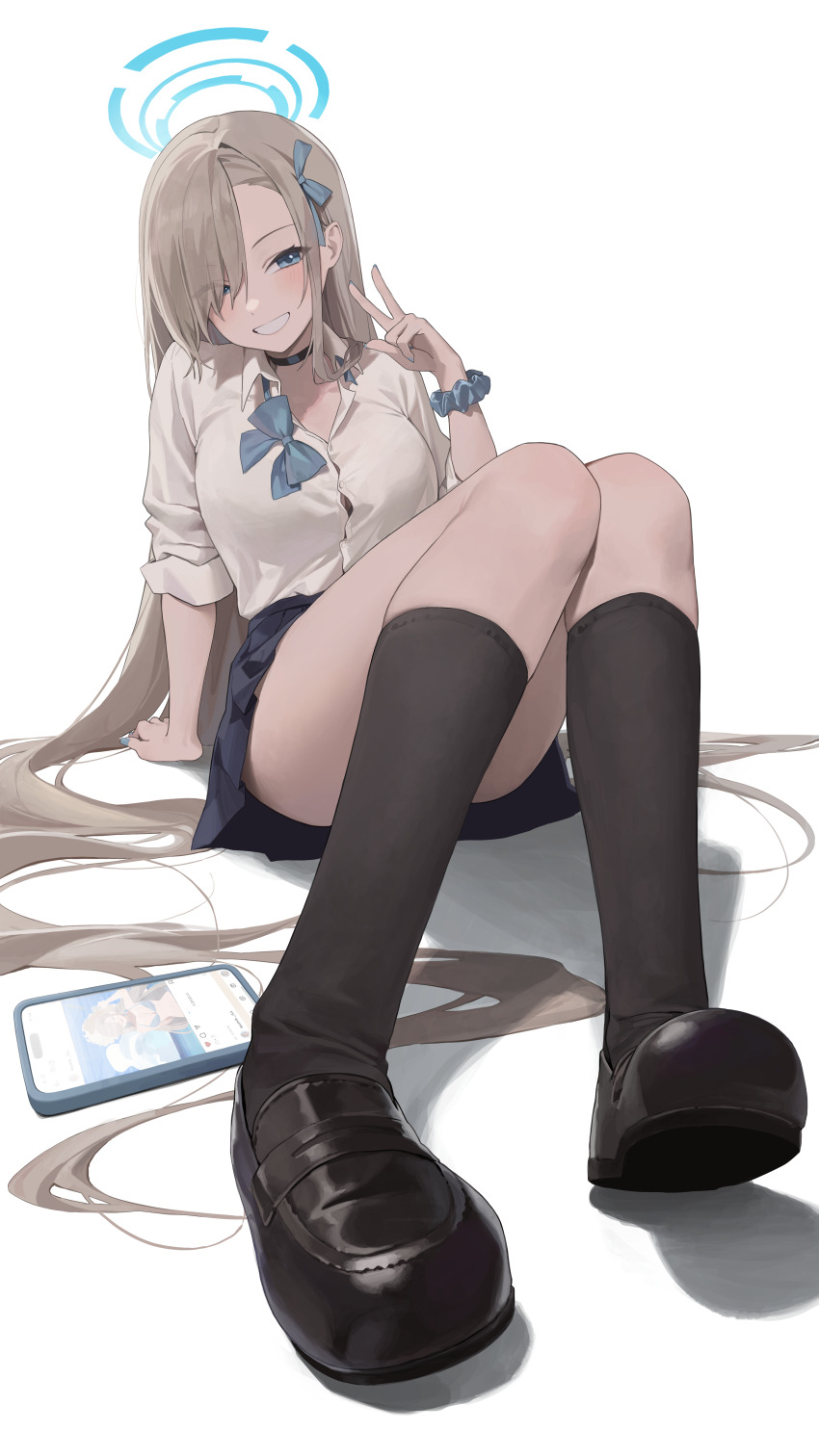 1girl, absurdres, asuna_(blue_archive), asuna_(school_uniform)_(blue_archive), asymmetrical_bangs, black_shoes, black_socks, blonde_hair