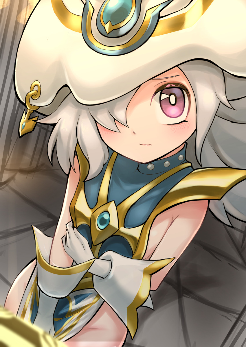 1girl, blue_tabard, blush, covering_privates, duel_monster, gloves, grey_hair, hair_over_one_eye, hat, highres, loli, long_hair, looking_at_viewer, nude, purple_eyes, silent_magician, silent_magician_zero, tabard, towofuya, white_gloves, white_hat, wizard_hat, yu-gi-oh!