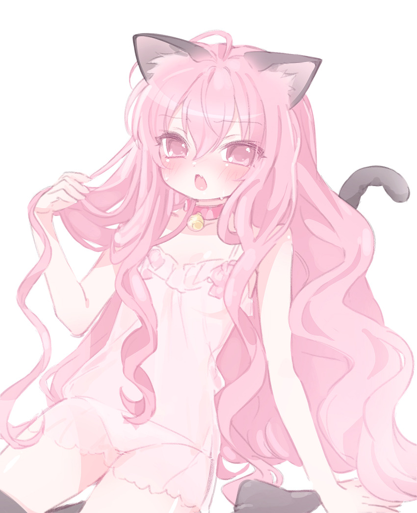 1girl, animal_ears, bell, black_thighhighs, blush, camisole, cat_ears, cat_girl, cat_tail, commentary, fang, highres, loli, long_hair, looking_at_viewer, louise_francoise_le_blanc_de_la_valliere, mipi_(u3u_00), neck_bell, panties, pink_camisole, pink_eyes, pink_hair, see-through_clothes, simple_background, sketch, solo, sweat, tail, thighhighs, underwear, wavy_hair, white_background, zero_no_tsukaima