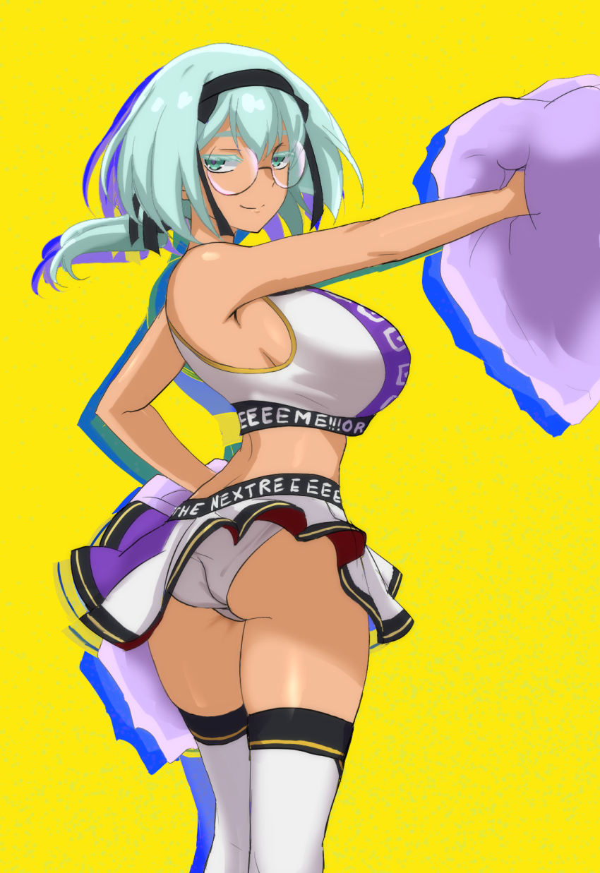 1girl, ass, bare_shoulders, black_hairband, breasts, character_request, cheering, cheerleader, clothes_writing, colored_eyelashes, crop_top, from_behind, glasses, green_eyes, green_hair, gundam, gundam_exa_vs, gundam_extreme_vs._2, gundam_n-extreme, hairband, half-closed_eyes, highres, holding, holding_pom_poms, jeminiremu, large_breasts, long_hair, looking_at_viewer, looking_back, low_ponytail, midriff, miniskirt, panties, pantyshot, pleated_skirt, pom_pom_(cheerleading), pom_poms, ponytail, purple_shirt, purple_skirt, round_eyewear, shirt, simple_background, skirt, smile, solo, thighhighs, two-tone_shirt, two-tone_skirt, underwear, white_panties, white_shirt, white_skirt, white_thighhighs, wind, wind_lift, yellow_background