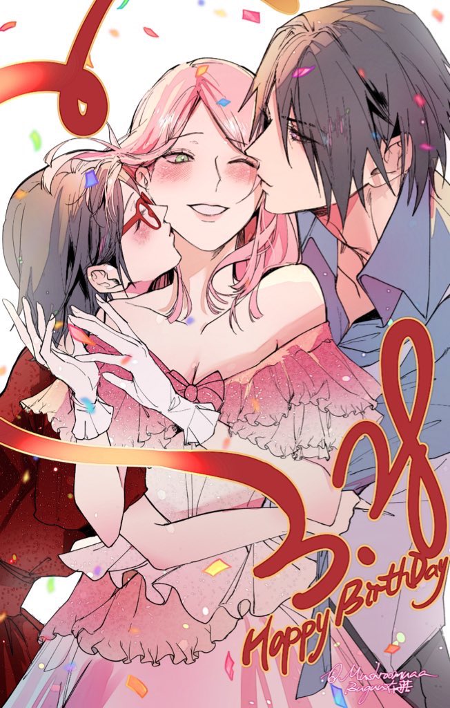 1boy, 2girls, birthday, black_hair, blush, boruto:_naruto_next_generations, boy_and_girl_sandwich, closed_eyes, dress, family, glasses, gloves, green_eyes, grey_shirt, happy_birthday, haruno_sakura, hetero, hug, husband_and_wife, kiss, kissing_cheek, looking_at_another, looking_at_viewer, mother_and_child, mother_and_daughter, multiple_girls, mushroomuaa, naruto_(series), one_eye_closed, open_mouth, parent_and_child, pink_dress, pink_hair, red_dress, sandwiched, shirt, short_hair, simple_background, smile, strapless, strapless_dress, uchiha_sarada, uchiha_sasuke