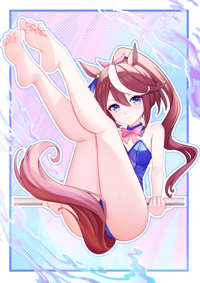 1girl, absurdres, alternate_costume, animal_ears, ass, bare_shoulders, barefoot, blue_eyes