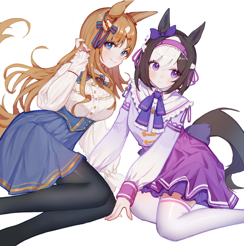 2girls, absurdres, adapted_costume, animal_ears, averting_eyes, b2w, back_bow, black_pantyhose, blue_bow, blue_bowtie, blue_eyes, blue_skirt, blush, bow, bowtie, braid, brown_hair, buttons, closed_mouth, clothing_cutout, commentary_request, ear_ribbon, frilled_sleeves, frills, grass_wonder_(umamusume), hairband, half_up_braid, hand_in_own_hair, high-waist_skirt, highres, horse_ears, horse_girl, horse_tail, long_hair, long_sleeves, looking_at_viewer, multicolored_hair, multiple_girls, original, pantyhose, puritan_collar, purple_hairband, purple_shirt, purple_skirt, shirt, simple_background, sitting, skirt, smile, special_week_(special_dreamer)_(umamusume), special_week_(umamusume), streaked_hair, tail, tail_through_clothes, thighhighs, twirling_hair, two-tone_hair, umamusume, underbust, white_background, white_hair, white_shirt, white_thighhighs, yokozuwari
