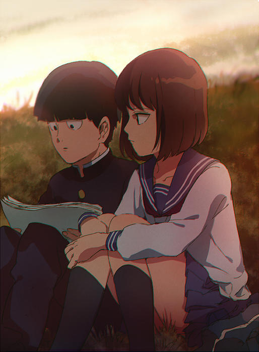 1boy, 1girl, aoki_(fumomo), black_eyes, black_hair, black_jacket, black_pants, black_socks