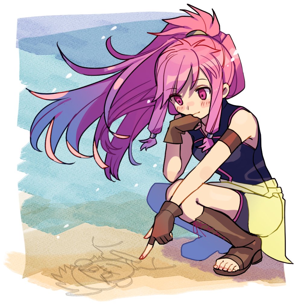 1girl, blush, boots, brown_boots, brown_gloves, closed_mouth, drawing_on_sand, dress