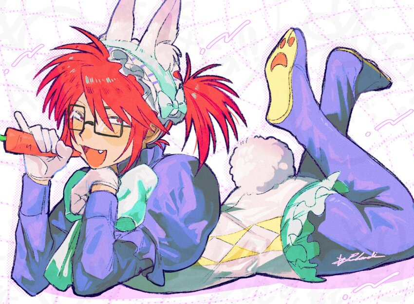 1boy, animal_ear_fluff, animal_ears, black-framed_eyewear, bow, carrot, crossdressing, crossdressing_(mtf)
