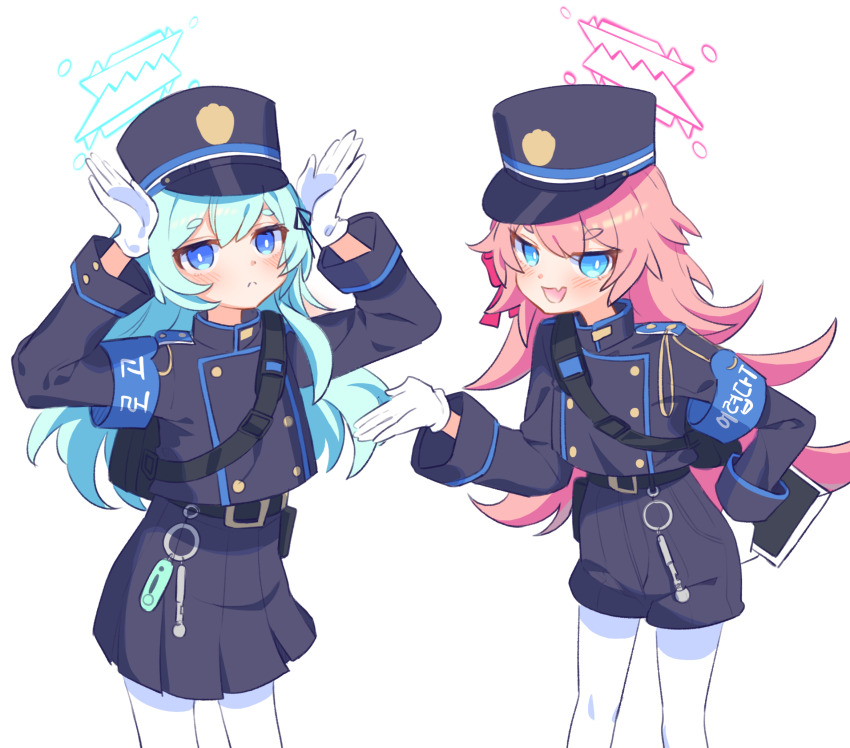 2girls, armband, blue_archive, blue_armband, blue_eyes, blue_hair, blue_halo, blue_jacket