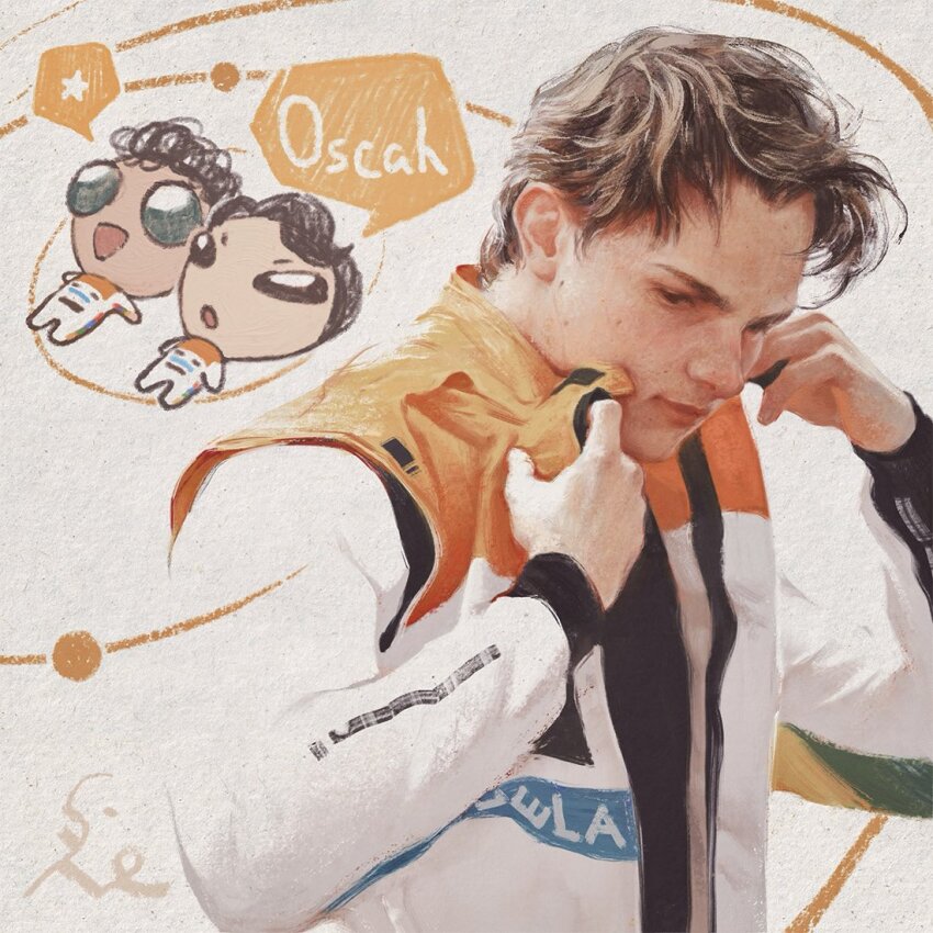 1boy, adjusting_clothes, brown_hair, chanasykine, chibi, chibi_inset, formula_one, orbital_path