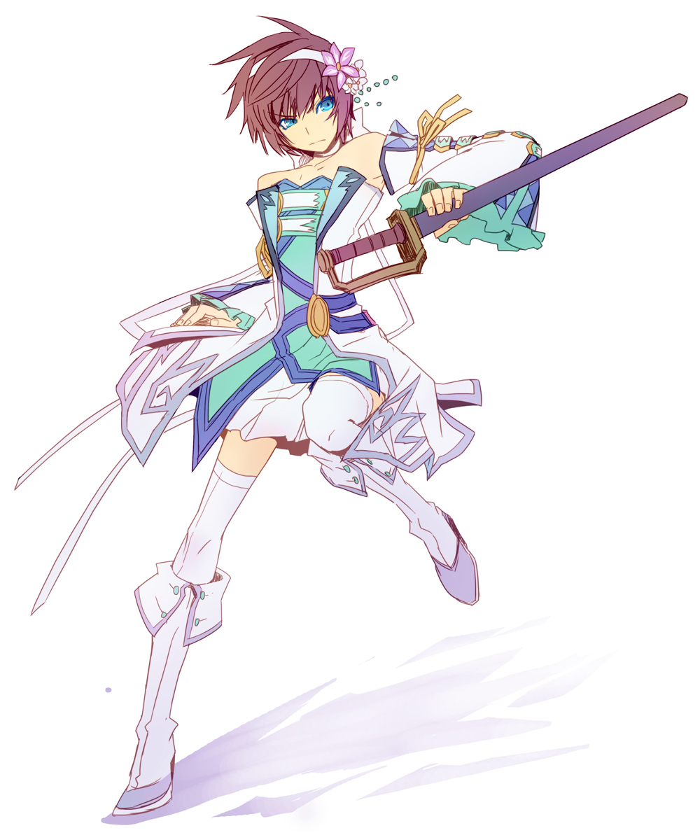 1boy, adapted_costume, asbel_lhant, bare_shoulders, blue_eyes, boots, brown_hair, crossdressing