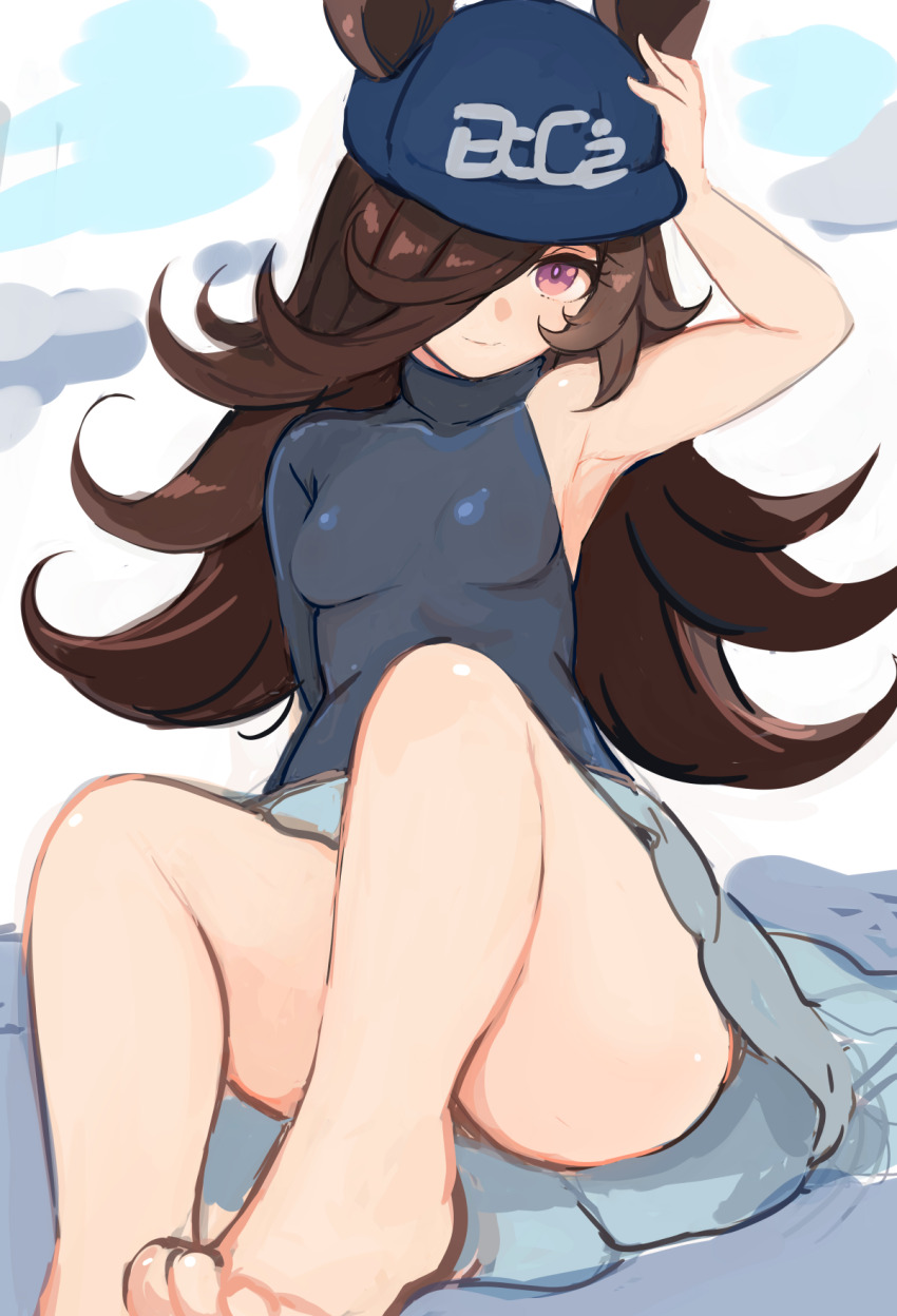 1girl, animal_ears, arm_support, arm_up, armpits, asymmetrical_bangs, barefoot, baseball_cap