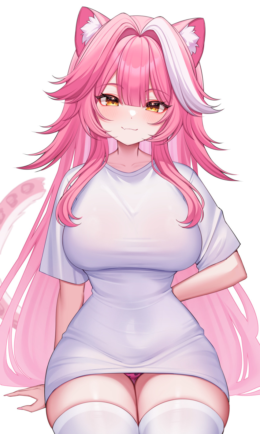 1girl, :3, absurdres, animal_ears, animal_print, blush, breasts, closed_mouth