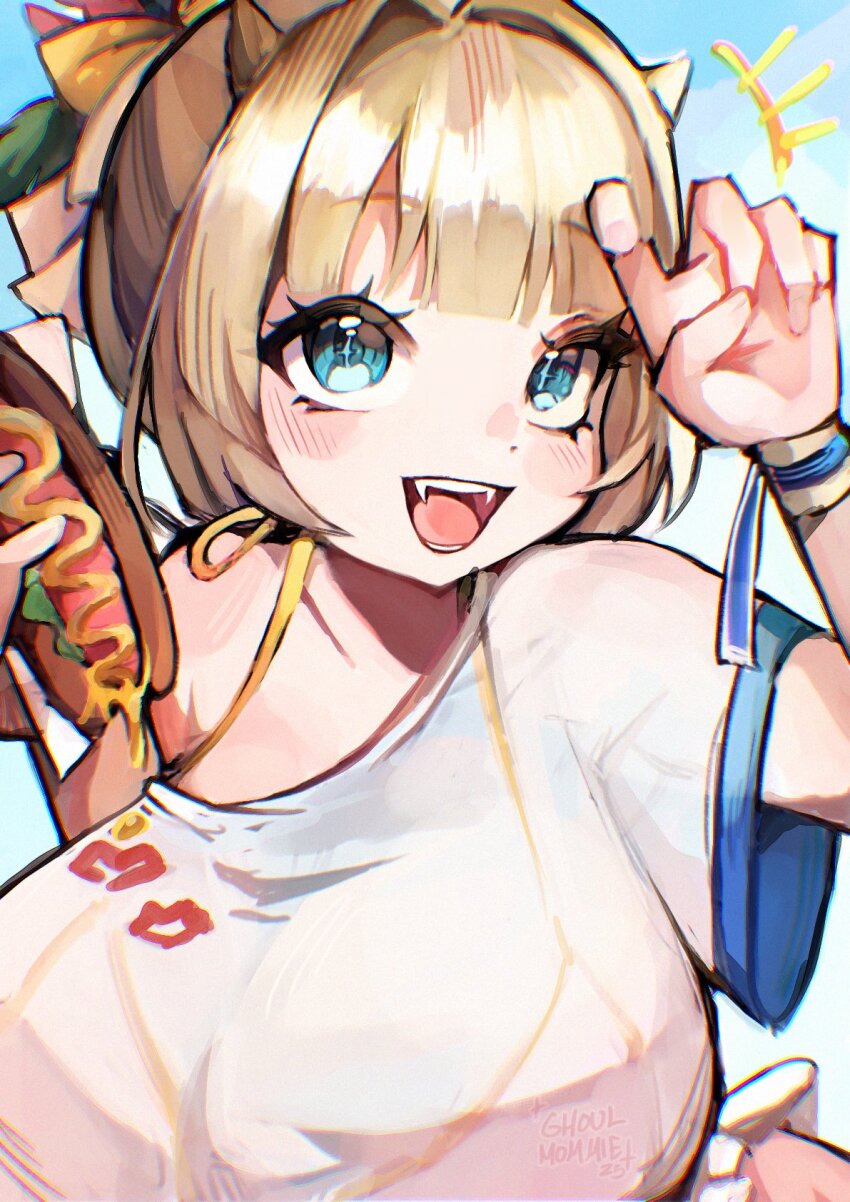 1girl, adjusting_hair, bikini, bikini_visible_through_clothes, blonde_hair, blue_eyes, blush, breasts