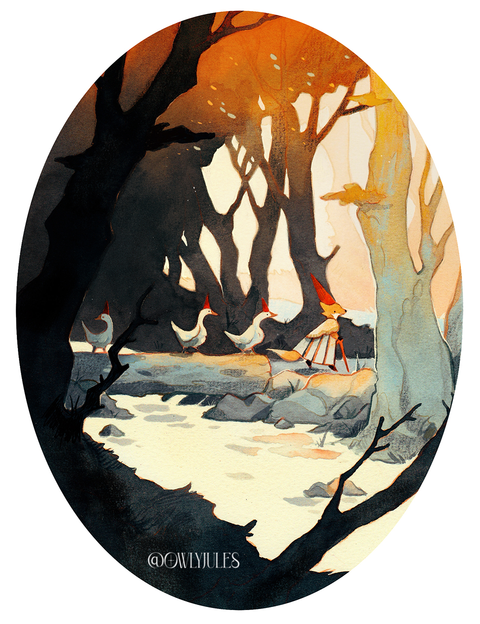 1boy, animal, artist_name, autumn, bird, border, cane, commentary