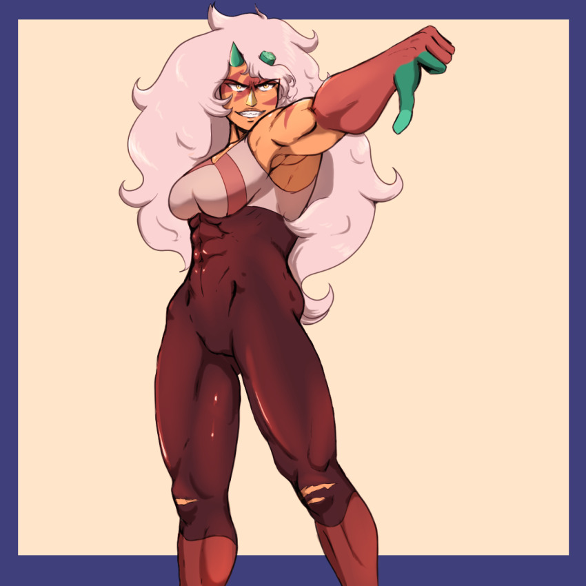 1girl, abs, bodysuit, breasts, colored_skin, facial_mark, giltori, grin