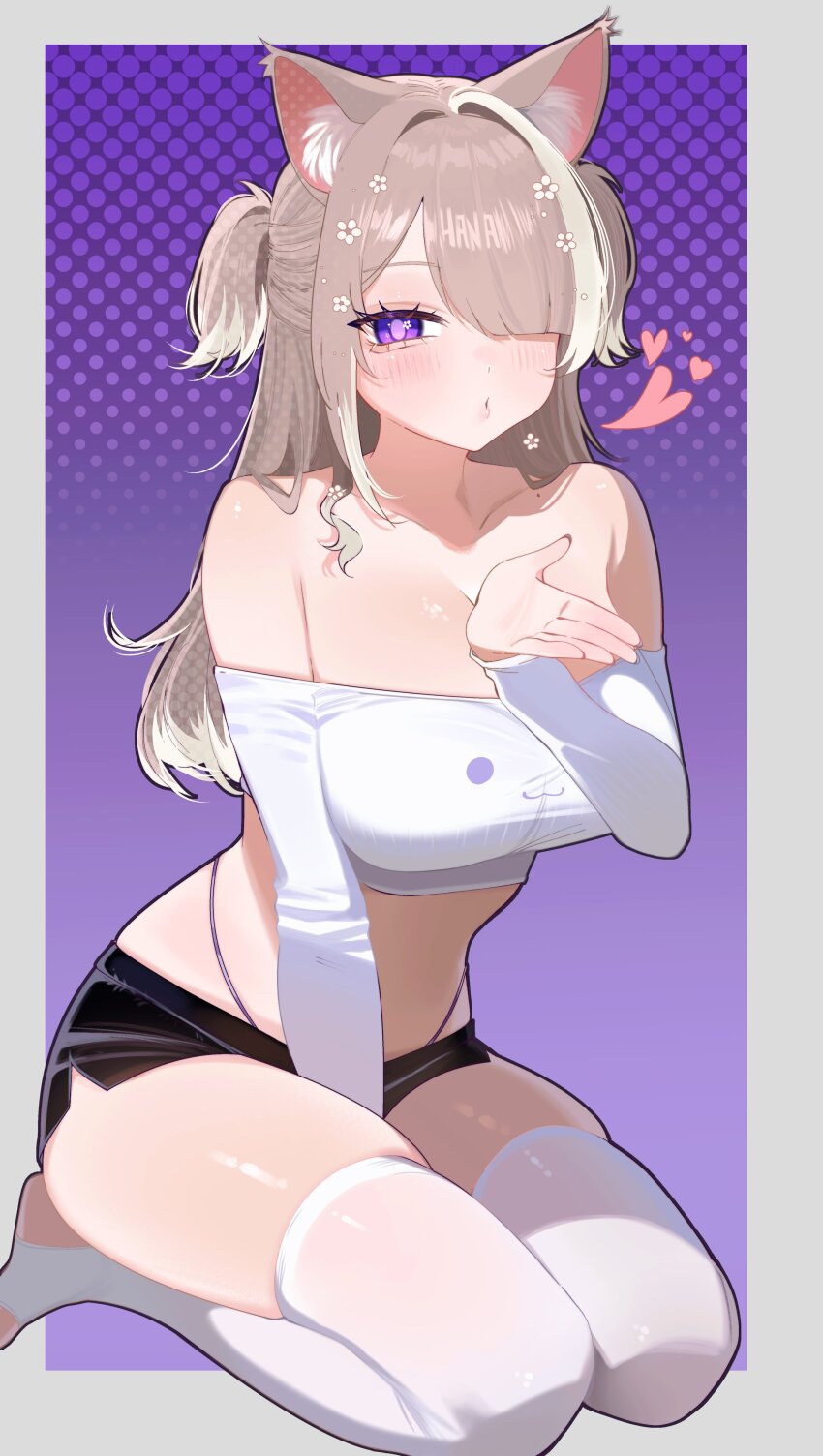 1girl, absurdres, animal_ear_fluff, animal_ears, between_thighs, black_shorts, blowing_kiss, blush