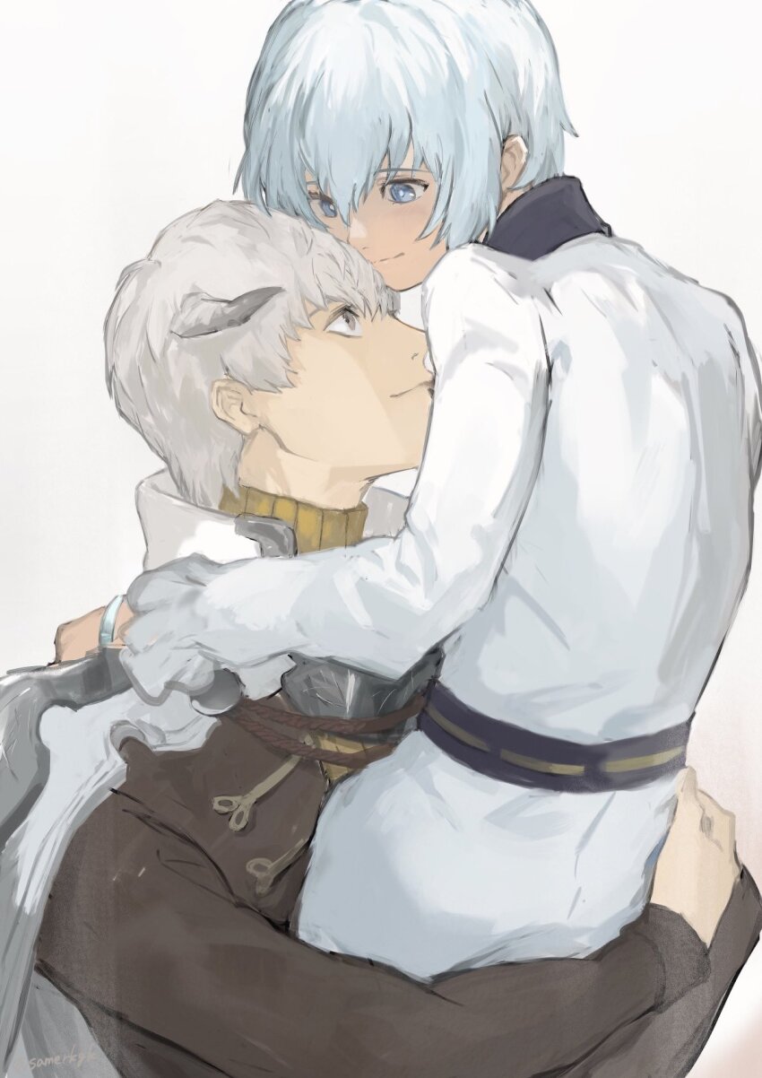 2boys, black_coat, blue_eyes, blue_hair, bracelet, cape, carrying, carrying_person
