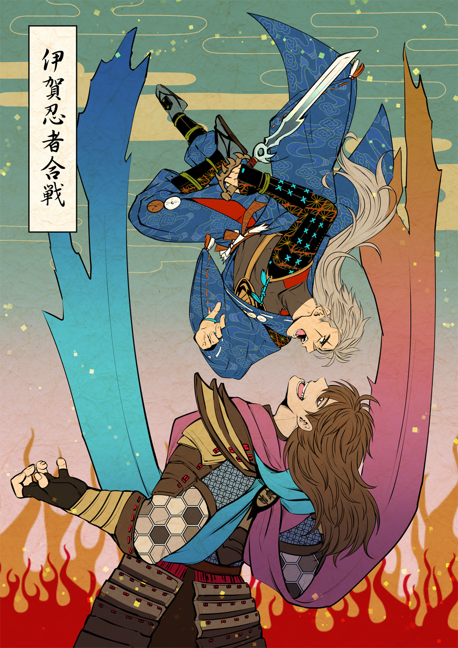 armor, brown_hair, fine_art_parody, fire, hattori_hanzo_(sengoku_musou), highres, japanese_clothes, japanese_text