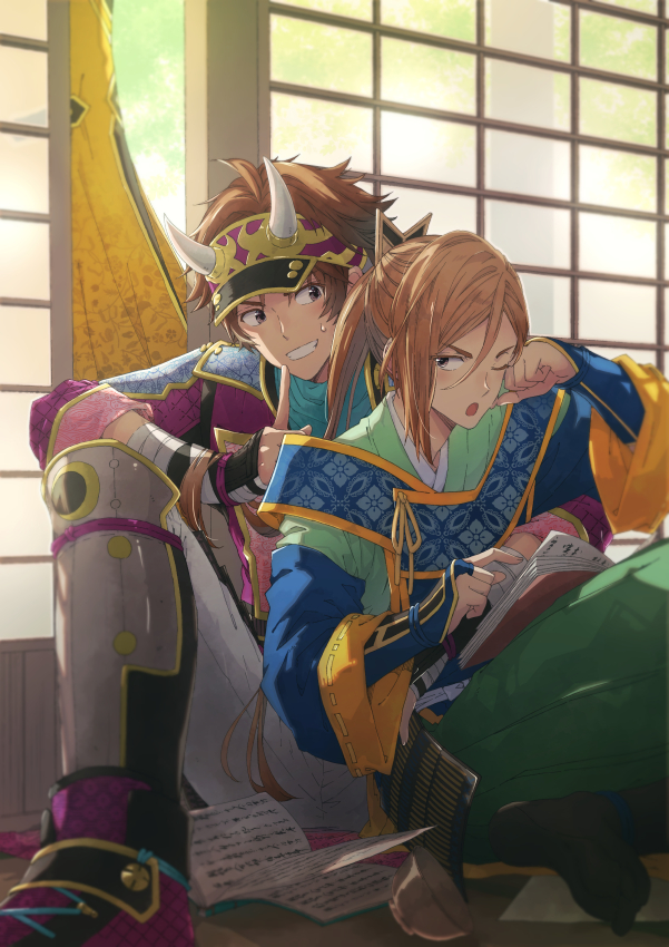 armor, book, brown_eyes, brown_hair, fake_horns, horns, japanese_clothes, kimono, kobayakawa_takakage_(sengoku_musou), one_eye_closed, reading, sengoku_musou, sengoku_musou_5, smile, visor_cap, yamanaka_shikanosuke