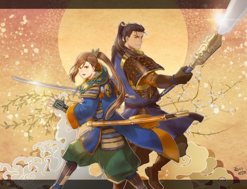 1boy, 1girl, armor, back-to-back, black_hair, brothers, brown_hair, highres