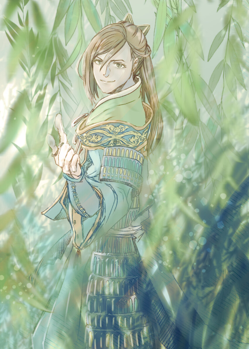 armor, brown_eyes, brown_hair, highres, japanese_clothes, kimono, kobayakawa_takakage_(sengoku_musou), leaf