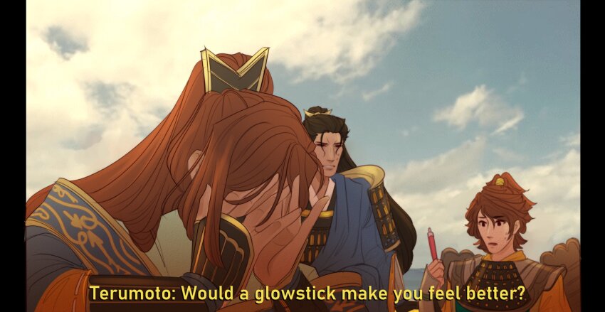 armor, black_hair, brown_hair, closed_eyes, cloud, english, glowstick, hair_ornament, hands_on_own_face, highres, japanese_clothes, kikkawa_motoharu_(sengoku_musou), kobayakawa_takakage_(sengoku_musou), mouri_terumoto_(sengoku_musou), ponytail, sengoku_musou, sengoku_musou_5