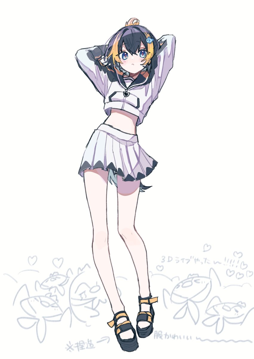 1girl, :<, absurdres, arms_behind_head, black_hoodie, blue_eyes, blush, cropped_hoodie