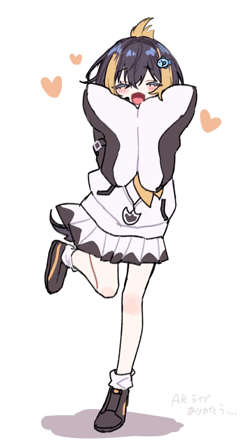 1girl, :d, animal_hood, black_hair, black_hoodie, blonde_hair, blush, closed_eyes