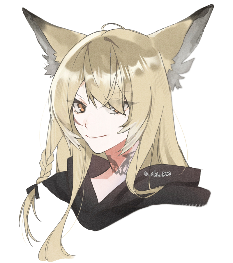 1girl, animal_ears, arknights, artist_name, blonde_hair, braid, closed_mouth, commentary_request