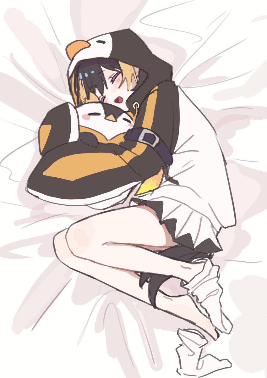 1girl, :d, absurdres, animal_hood, bare_legs, black_hair, black_hoodie, blonde_hair