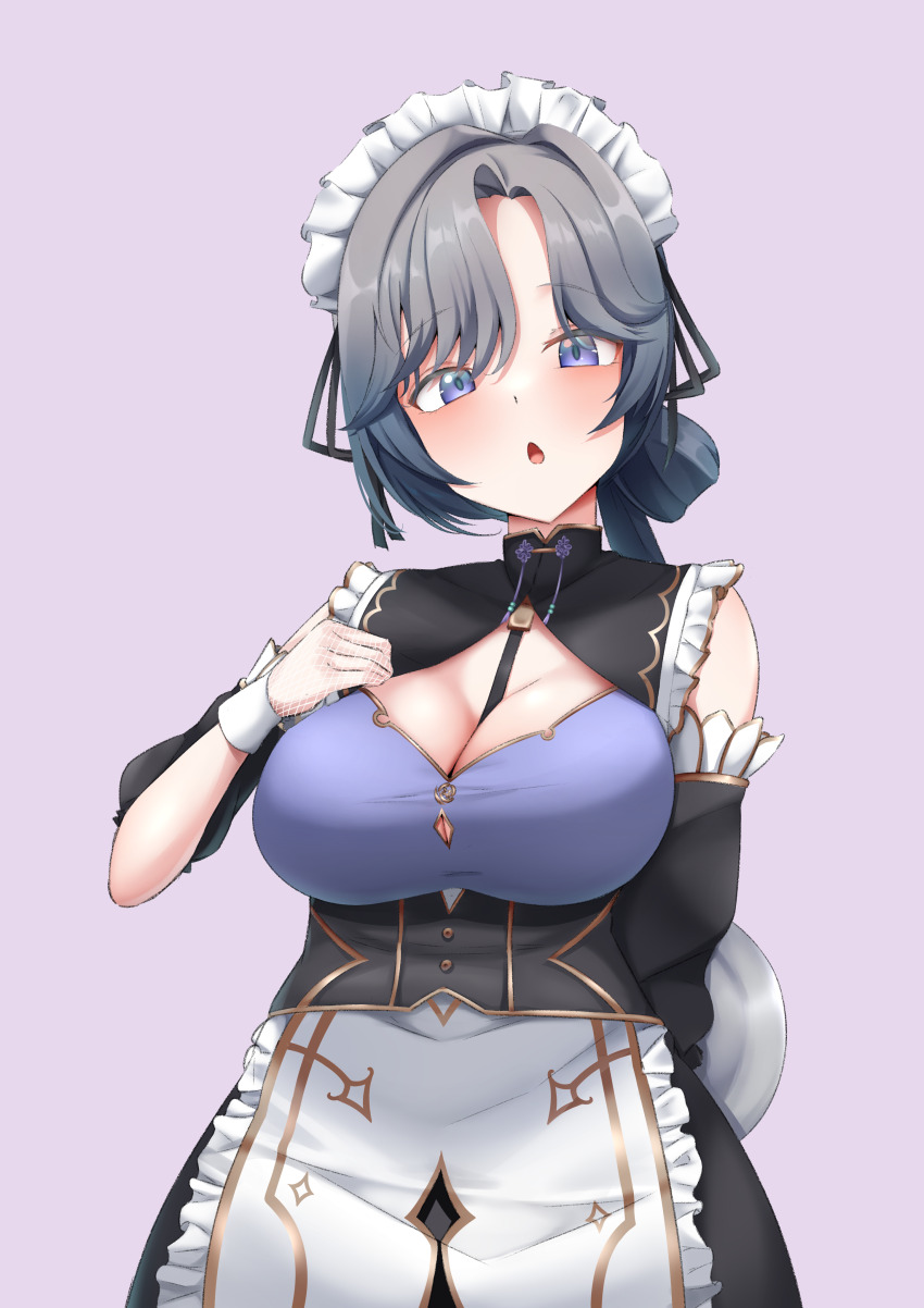 1girl, absurdres, apron, asymmetrical_hair, bare_shoulders, black_corset, black_dress, black_ribbon, black_sleeves, bra, breasts, chinese_knot, cleavage_cutout, clothing_cutout, corset, detached_sleeves, dress, fishnet_gloves, fishnets, framed_breasts, frilled_apron, frills, gloves, grey_eyes, grey_hair, hair_intakes, hair_ribbon, hand_on_own_chest, highres, kisara_(maid)_(nijisanji), kisara_(nijisanji), large_breasts, long_hair, looking_at_viewer, maid, maid_headdress, neko-suki_kenshuu_neko, nijisanji, parted_bangs, plate, purple_bra, ribbon, solo, underwear, virtual_youtuber, white_apron, wrist_cuffs
