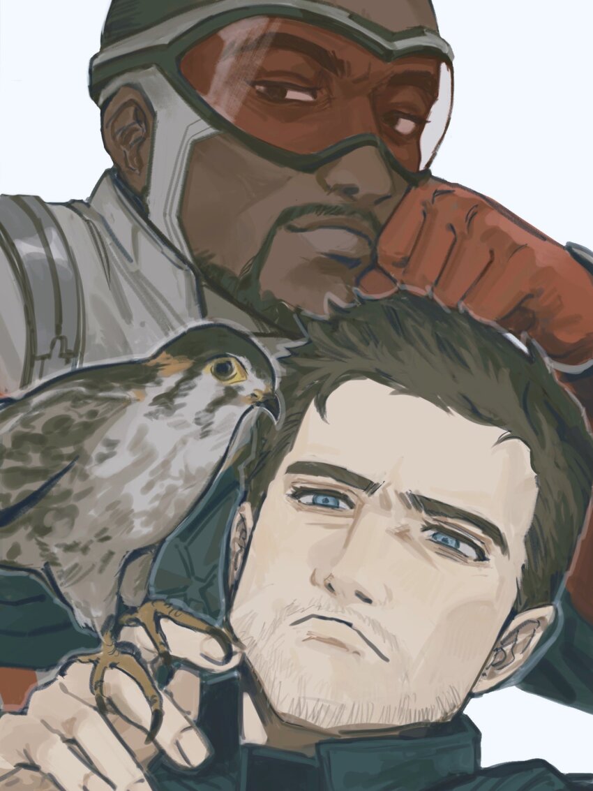 2boys, beak, bird, black-framed_eyewear, black_bodysuit, black_hair, blue_eyes, bodysuit