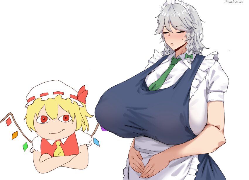 2girls, absurdres, apron, blonde_hair, blue_skirt, bow, braid, breasts