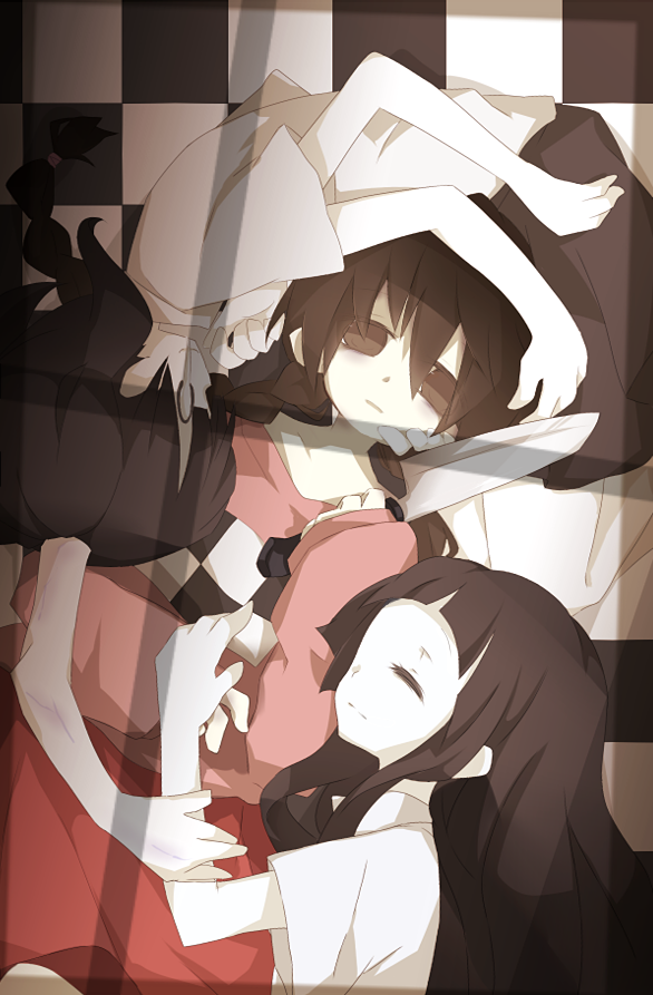 3girls, black_hair, braid, closed_eyes, hand_on_another's_face, knife, long_hair, lying