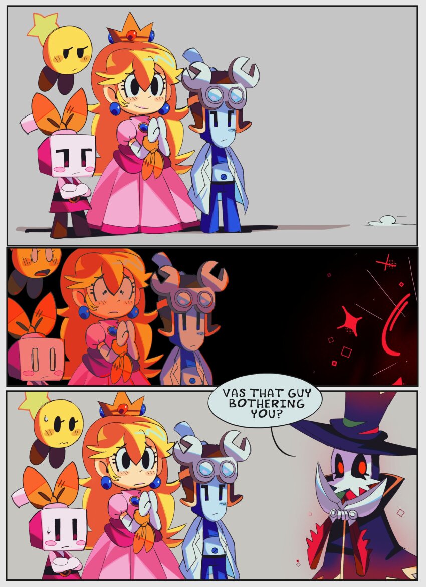 5girls, blonde_hair, blue_skin, blush_stickers, colored_skin, crossed_arms, crown, earrings