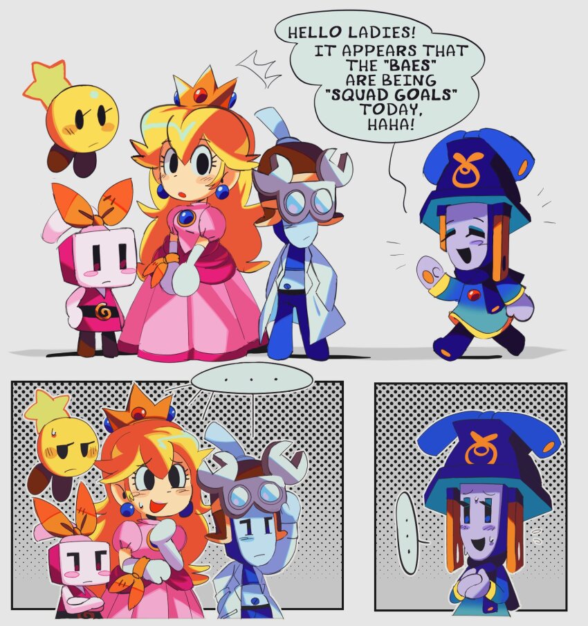 ..., 5girls, awkward, blonde_hair, blue_skin, blush_stickers, colored_skin, cozette_(mario), crossed_arms, crown, earrings, flying_sweatdrops, gloves, goggles, goggles_on_head, hand_on_own_hip, highres, ireen_(mario), jewelry, lab_coat, mario_&amp;_luigi:_brothership, mario_&amp;_luigi_rpg, mario_(series), midriff, multiple_girls, nintendo, own_hands_together, petzcatz2, princess_peach, sphere_earrings, starlow, sweatdrop, technikki_(mario), white_gloves