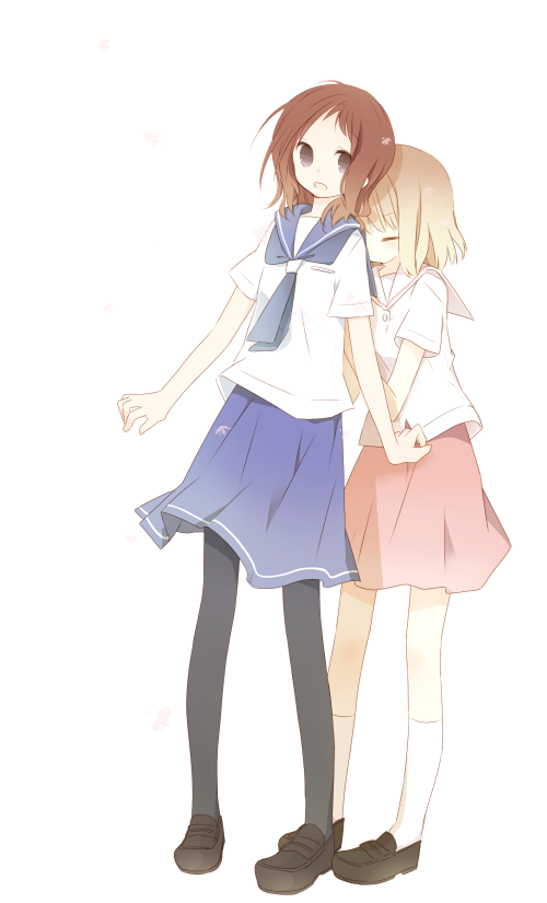 2girls, bad_id, bad_pixiv_id, black_legwear, blonde_hair, blush, brown_eyes, brown_hair