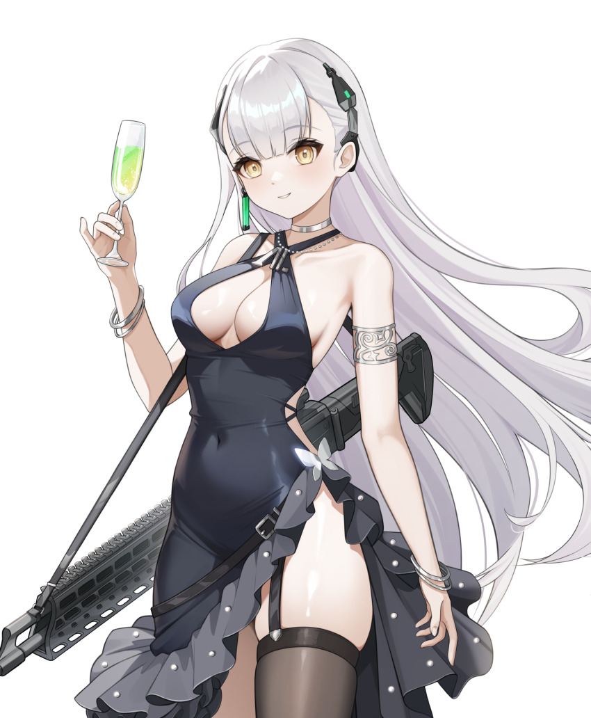 1girl, ak-alfa, ak-alfa_(girls'_frontline), alternate_costume, armlet, assault_rifle, black_dress, black_thighhighs