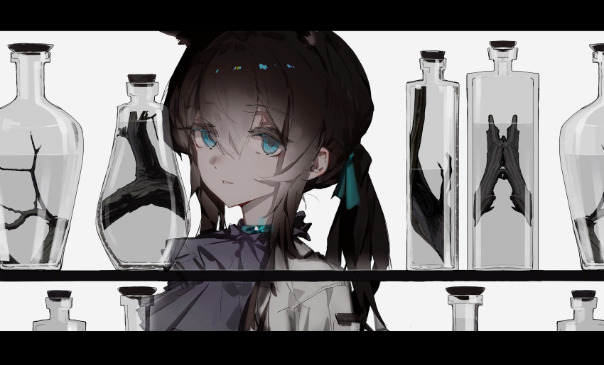 1girl, absurdres, amiya_(arknights), animal_ear_fluff, animal_ears, arknights, blue_eyes, bottle