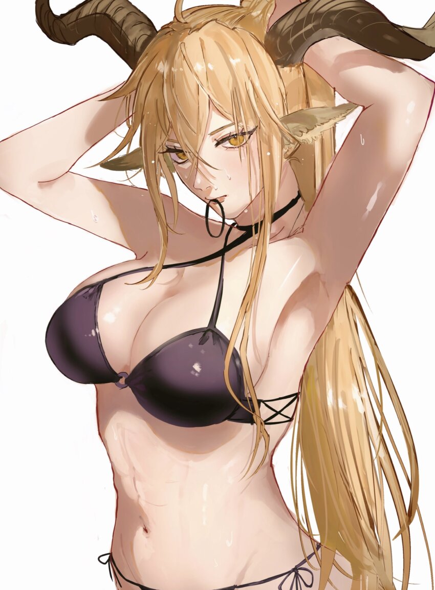 1girl, a6_9s_rinlin, absurdres, alternate_costume, animal_ears, arknights, armpits, arms_up, bikini, black_bikini, blonde_hair, breasts, brown_horns, cleavage, commentary_request, criss-cross_halter, crossed_bangs, curled_horns, degenbrecher_(arknights), expressionless, hair_between_eyes, hair_tie, hair_tie_in_mouth, halterneck, highres, horns, large_breasts, long_hair, looking_at_viewer, mouth_hold, navel, ponytail, simple_background, solo, swimsuit, tying_hair, white_background, yellow_eyes