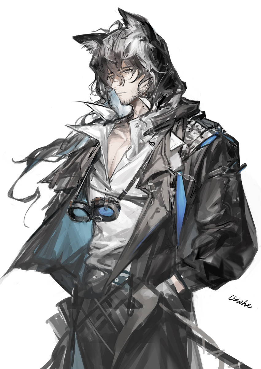1boy, absurdres, animal_ear_fluff, animal_ears, arknights, black_hair, black_jacket, chinese_commentary